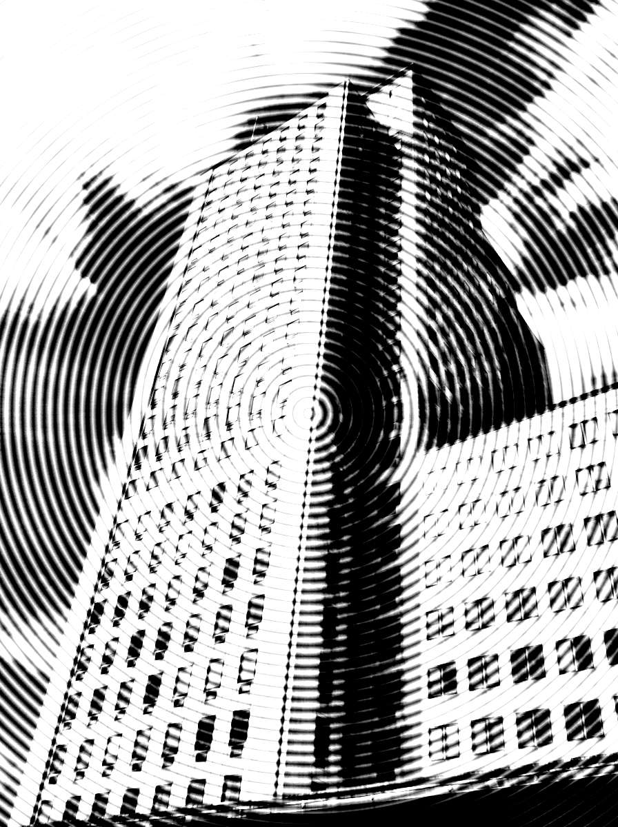 A tower block covered in concentric circles