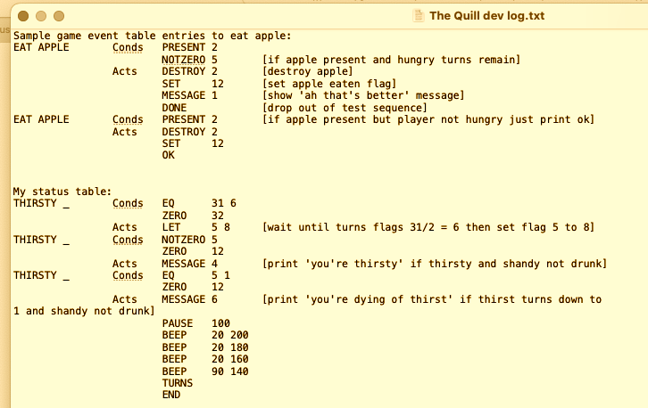 an extract from my notes about writing a game in The Quill